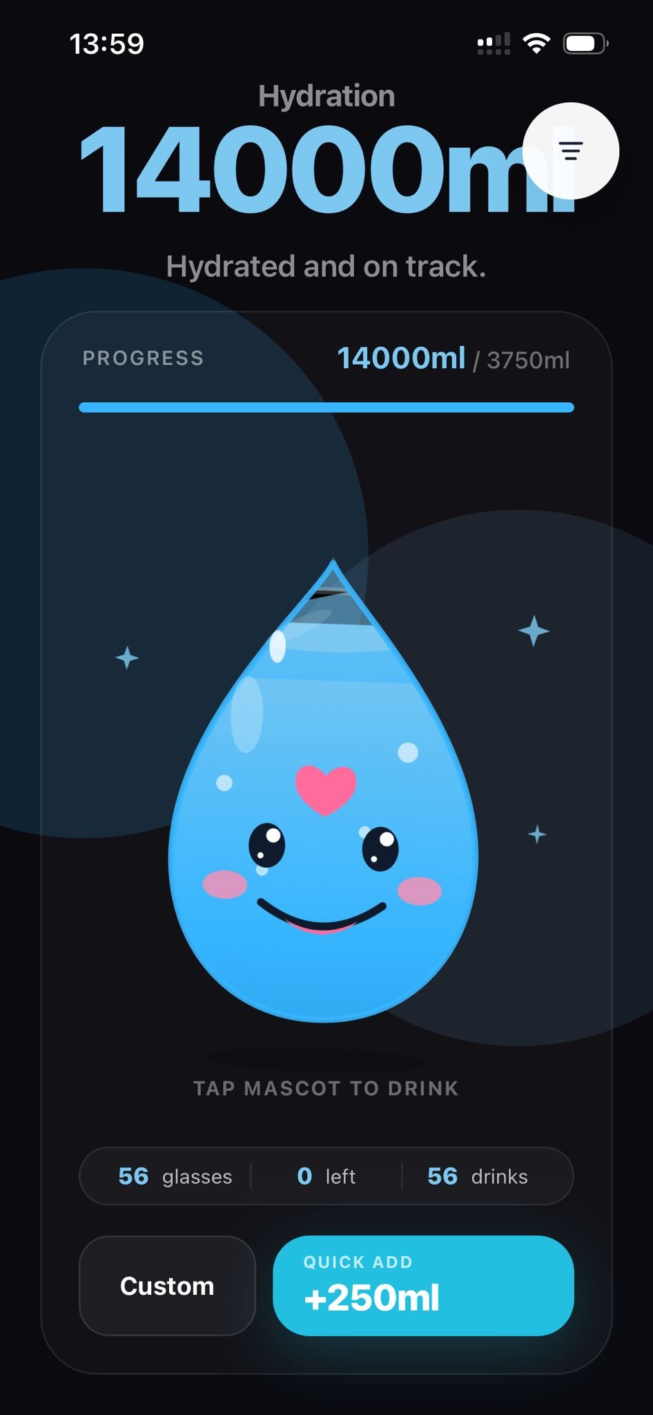 Replenish app interface showing the hydration tracker